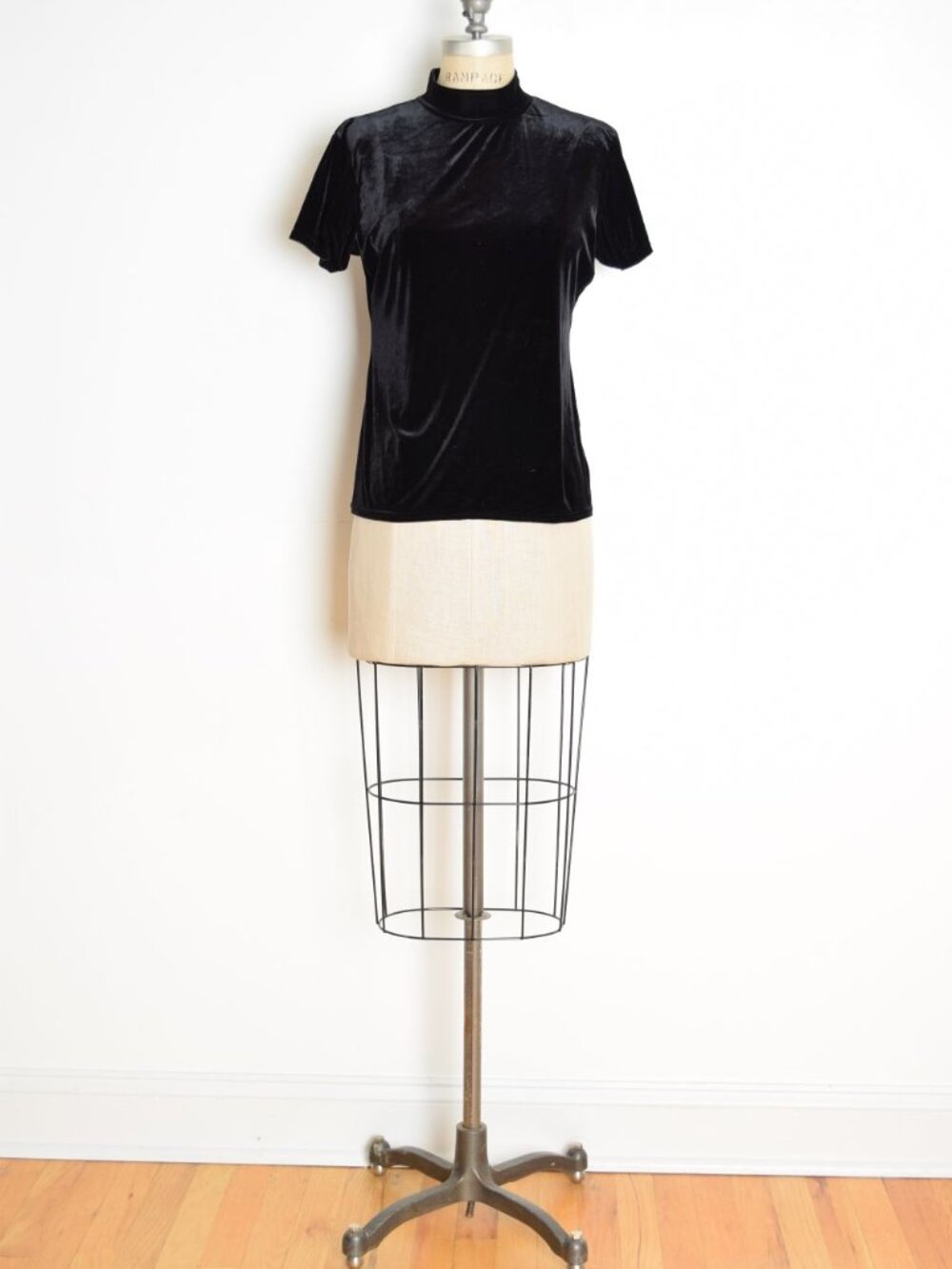 vintage 90s top black stretch velvet funnel neck raver goth tee t-shirt blouse L